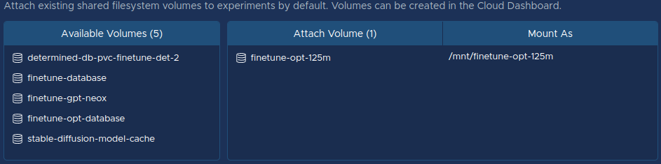 The attachment configuration screen for the Determined AI application